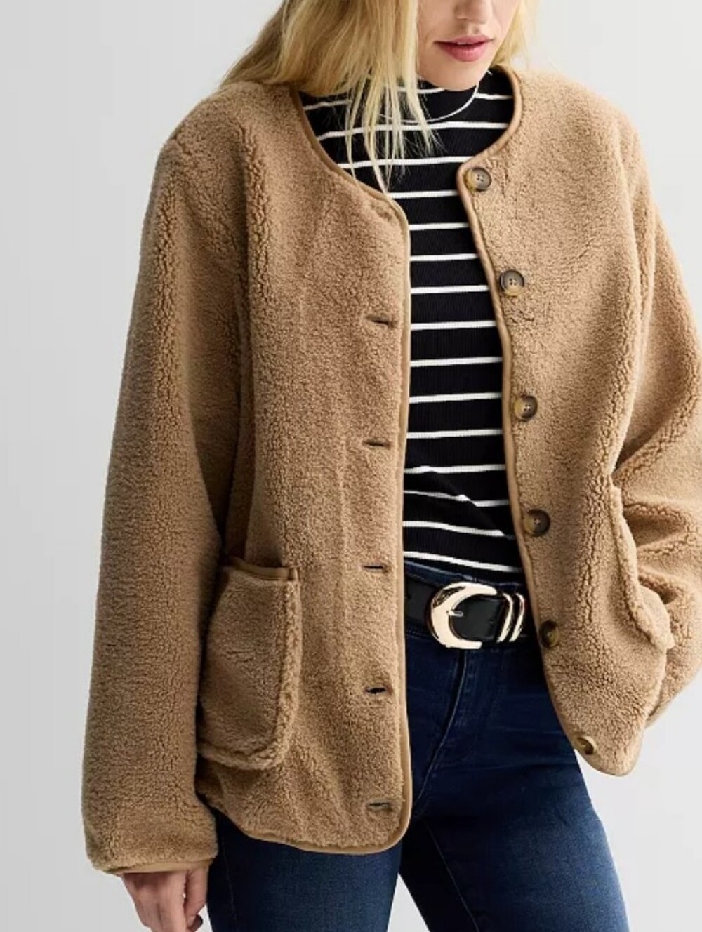 Nine West Women's Collarless Carmel Teddy Button-Front Jacket